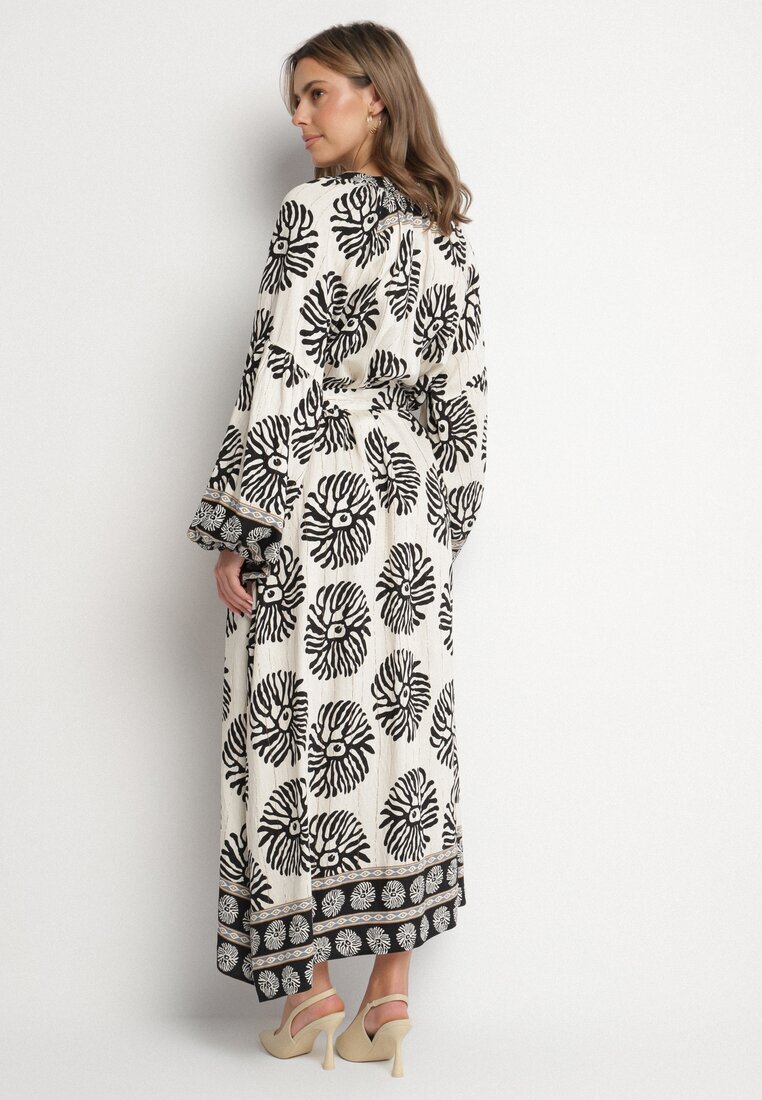 maja studio Rochie Neagră Viscoză Oversize cu Model Etnic cu Curea Legată Florseki