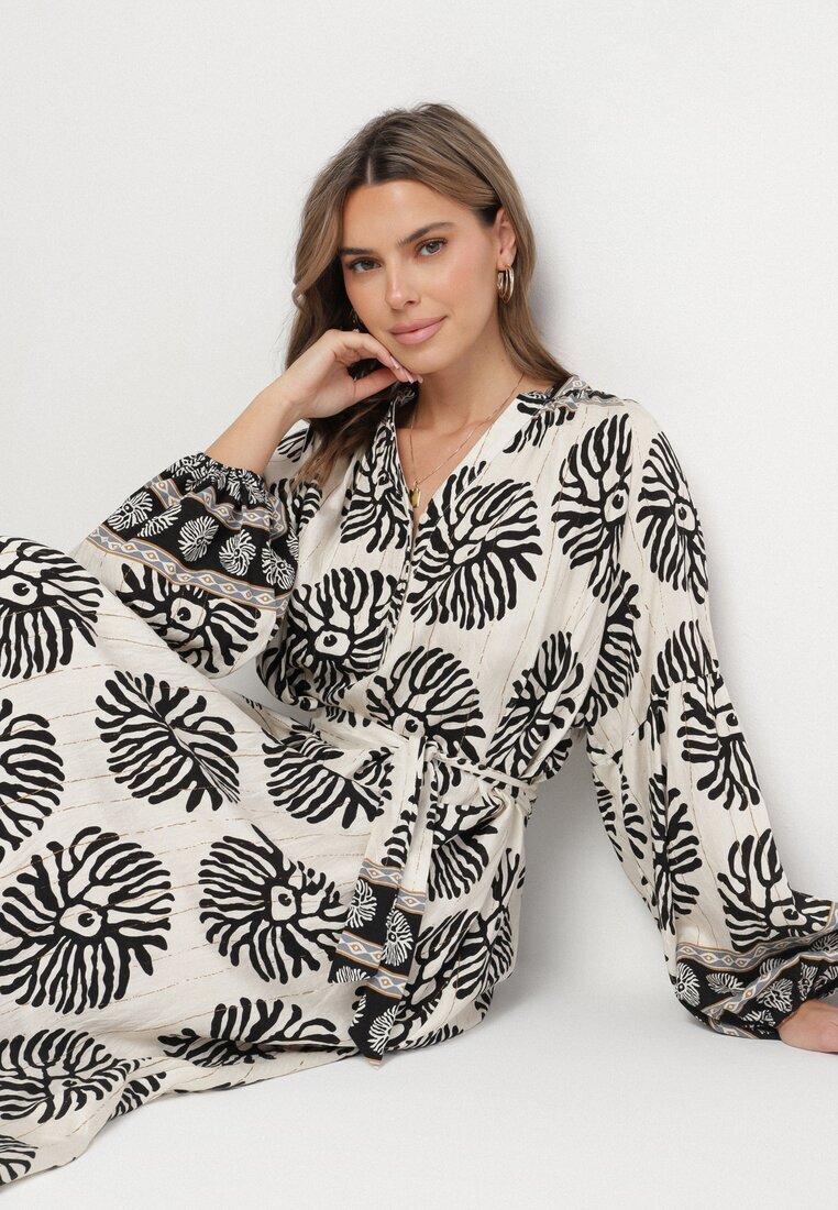 maja studio Rochie Neagră Viscoză Oversize cu Model Etnic cu Curea Legată Florseki