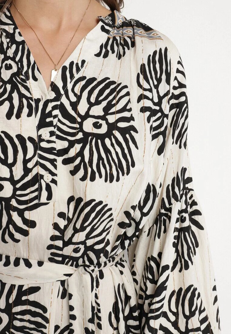 maja studio Rochie Neagră Viscoză Oversize cu Model Etnic cu Curea Legată Florseki