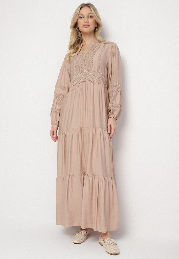 maja studio Rochie vâscoză bej Boho cu croială evazată cu elastic și dantelă Gonillea