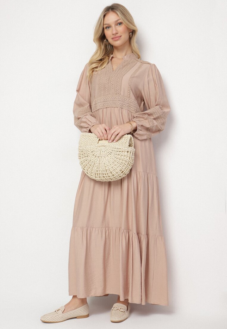 maja studio Rochie vâscoză bej Boho cu croială evazată cu elastic și dantelă Gonillea