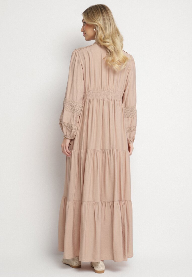 maja studio Rochie vâscoză bej Boho cu croială evazată cu elastic și dantelă Gonillea