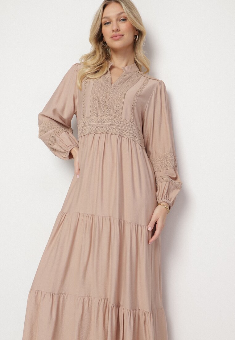maja studio Rochie vâscoză bej Boho cu croială evazată cu elastic și dantelă Gonillea