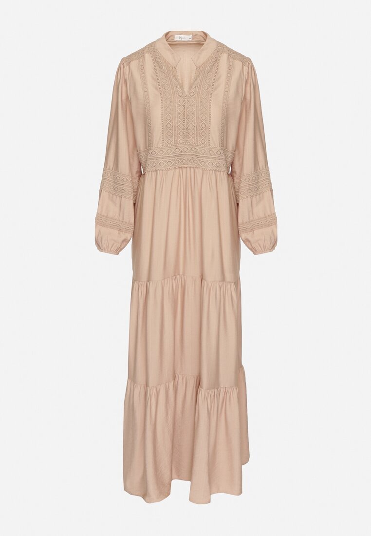 maja studio Rochie vâscoză bej Boho cu croială evazată cu elastic și dantelă Gonillea