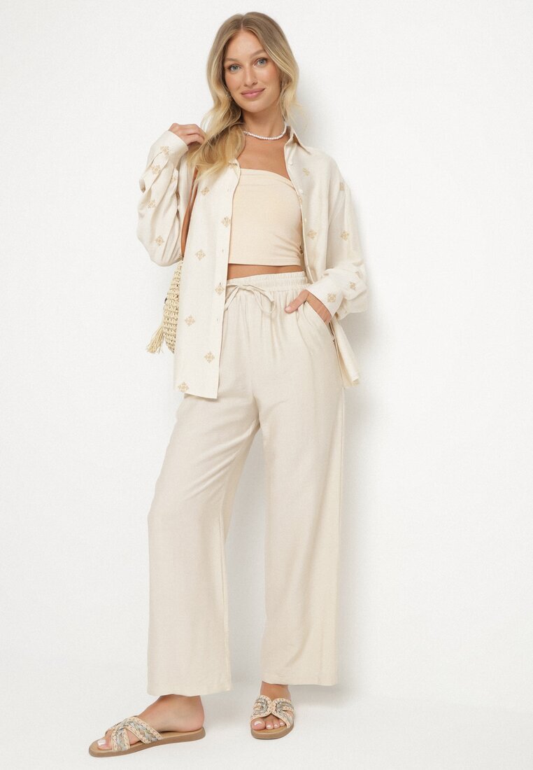 maja studio Set Bej din Viscoză cu croială Oversize Cămașă cu Broderie și Pantaloni Sadeonna