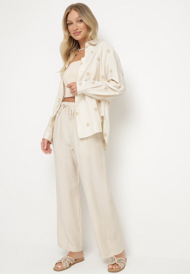 maja studio Set Bej din Viscoză cu croială Oversize Cămașă cu Broderie și Pantaloni Sadeonna