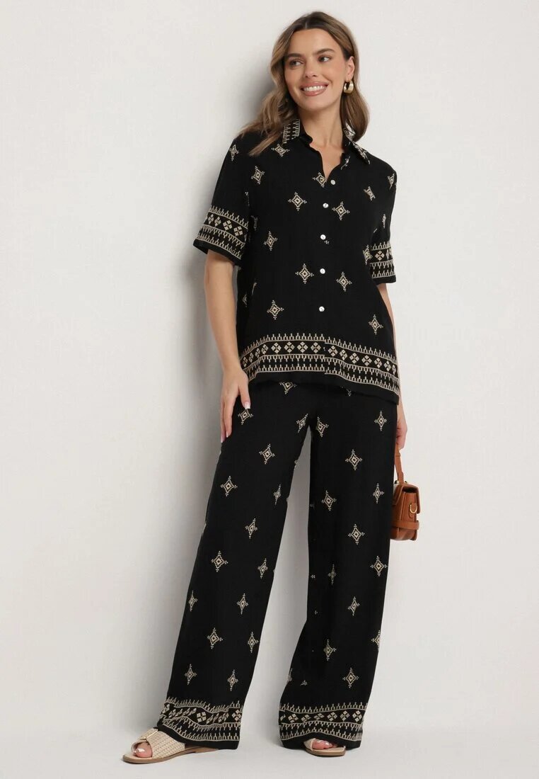 maja studio Set Negru din Viscoză Decorat cu Broderie Cămașă și Pantaloni Oversize Iffiselle