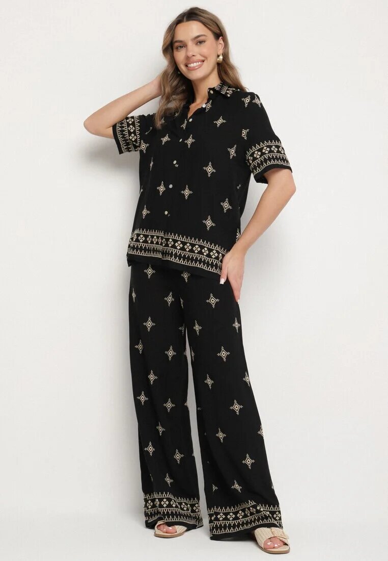 maja studio Set Negru din Viscoză Decorat cu Broderie Cămașă și Pantaloni Oversize Iffiselle