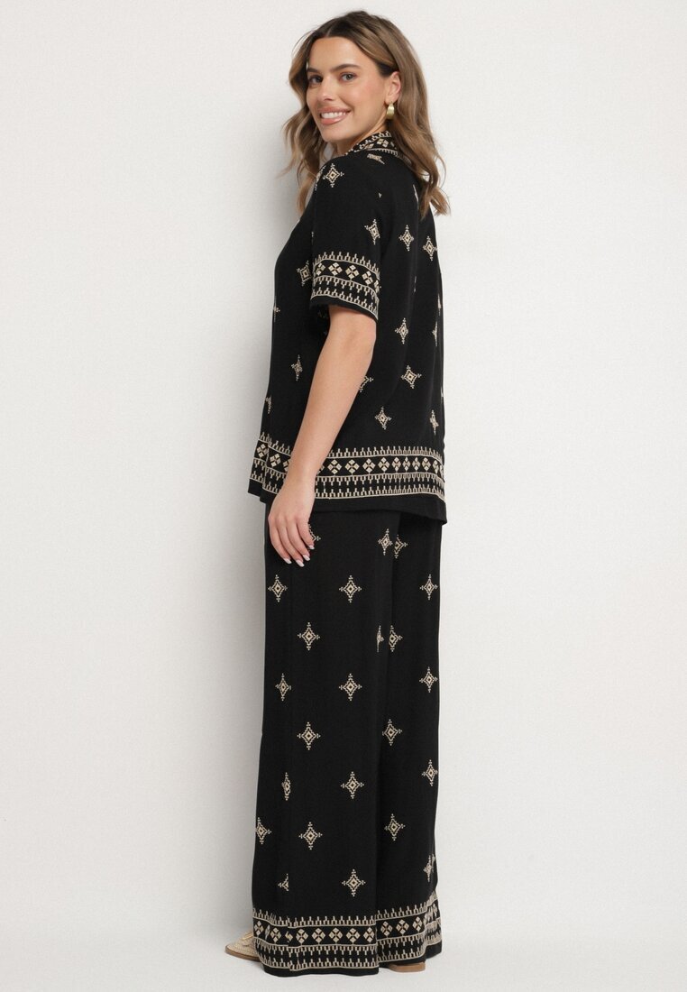 maja studio Set Negru din Viscoză Decorat cu Broderie Cămașă și Pantaloni Oversize Iffiselle