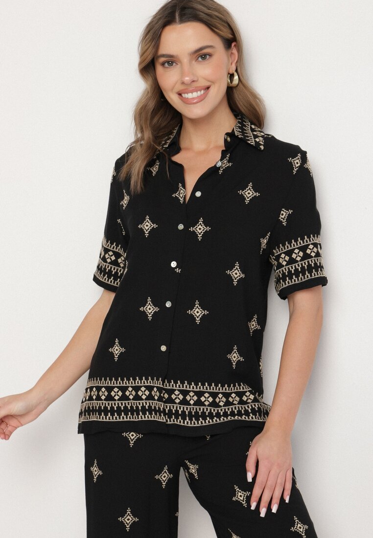 maja studio Set Negru din Viscoză Decorat cu Broderie Cămașă și Pantaloni Oversize Iffiselle