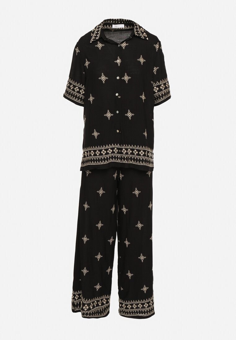 maja studio Set Negru din Viscoză Decorat cu Broderie Cămașă și Pantaloni Oversize Iffiselle
