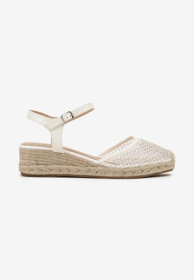 mannika Sandale Albe cu plasă cu talpă pană decorate cu zirconii Nilenea