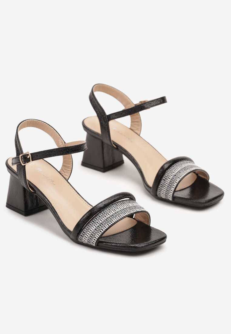 mannika Sandale Negre pe Toc Conic cu Barete Decorative Ndivaya