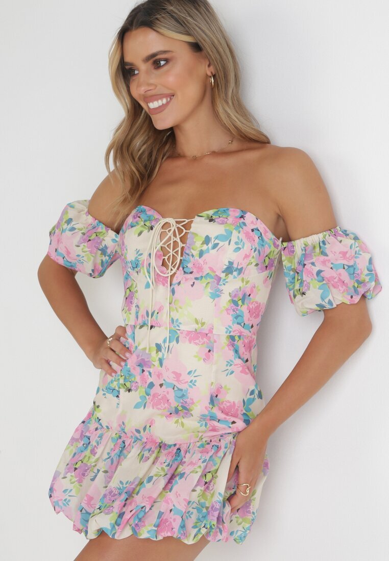 manosque Rochie Mini Bej deschisă cu mâneci căzute și șnur decorativ din bumbac Gabrisa