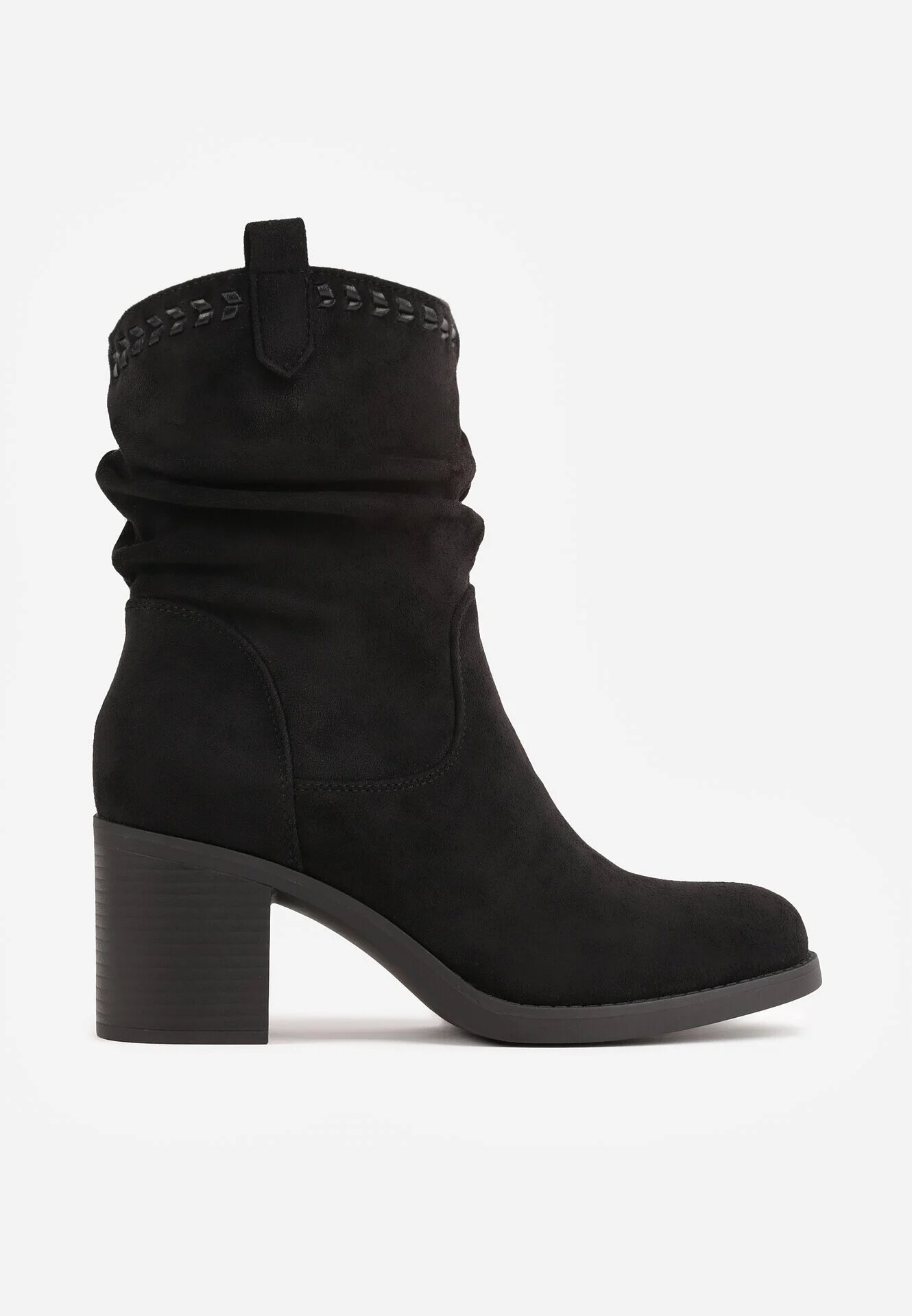 marquiiz Botine cu toc gros și margini decorative Arvetip cu efect plisat Negre