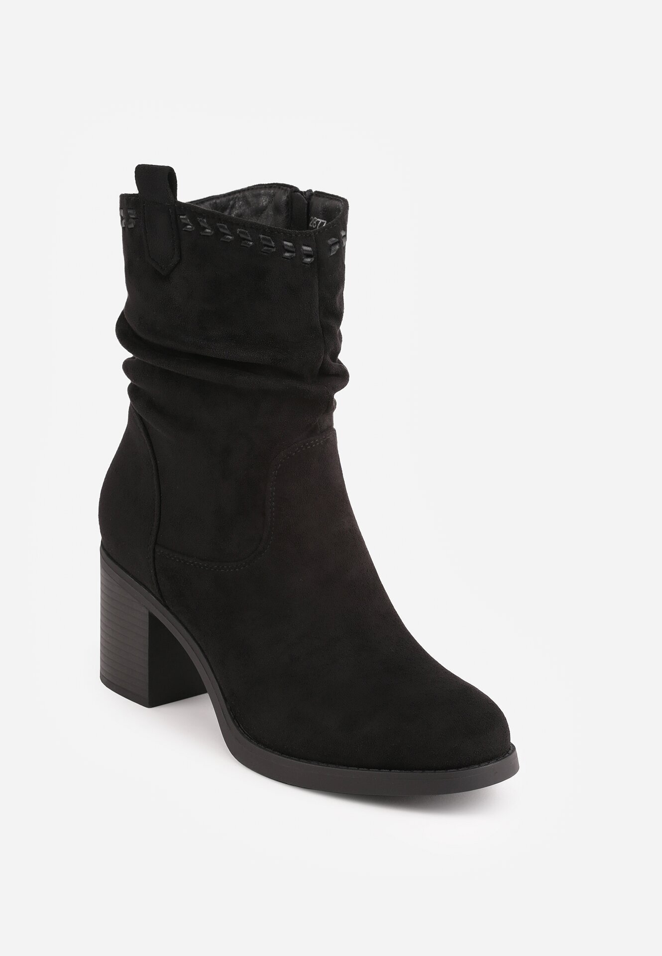 marquiiz Botine cu toc gros și margini decorative Arvetip cu efect plisat Negre