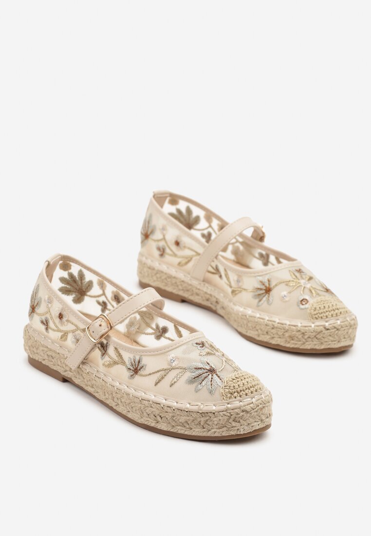 marquiiz Espadrile bej tip plasă cu talpă împletită cu baretă și cataramă și broderie Vilritia