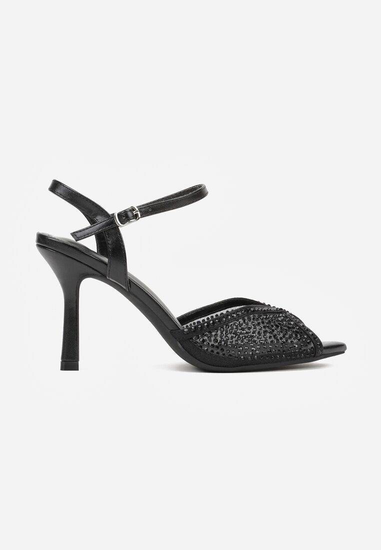marquiiz Sandale Negre cu Toc Stiletto cu Zirconii Aurefera