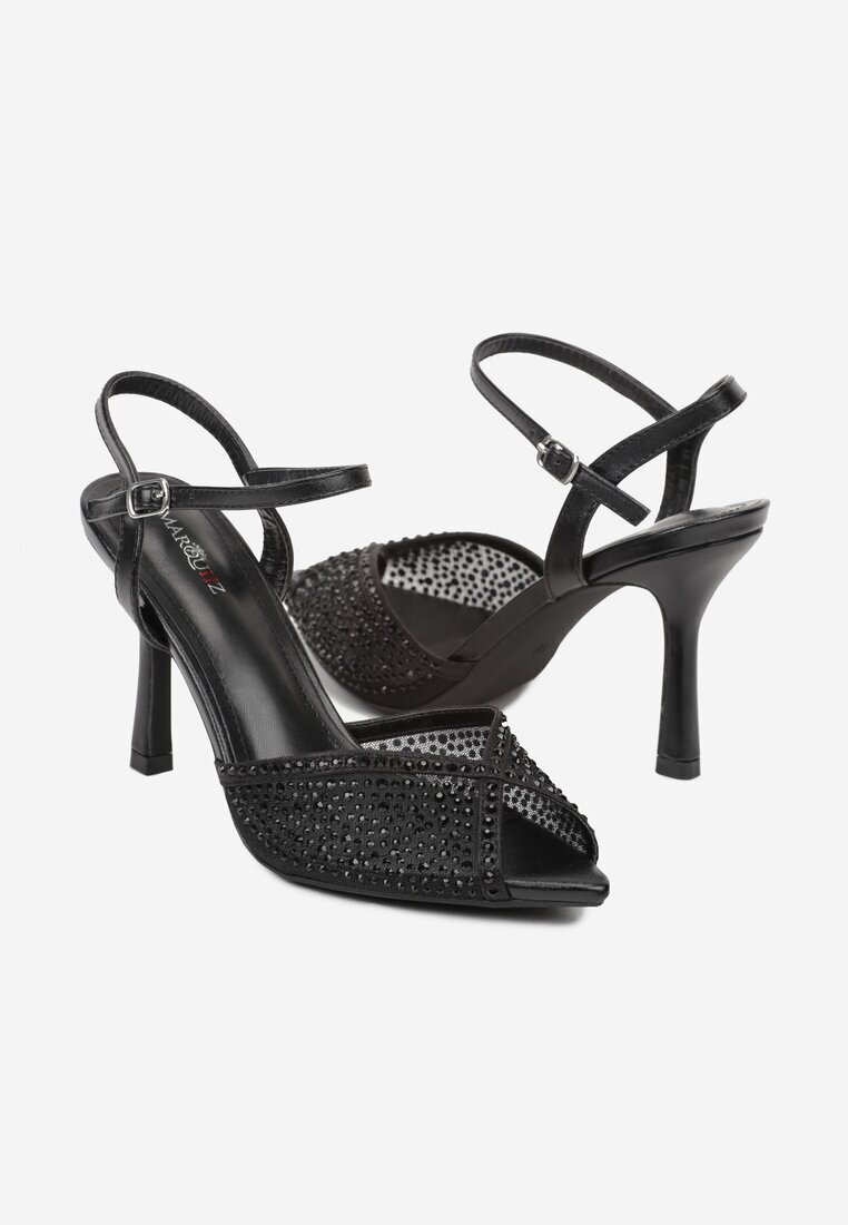 marquiiz Sandale Negre cu Toc Stiletto cu Zirconii Aurefera