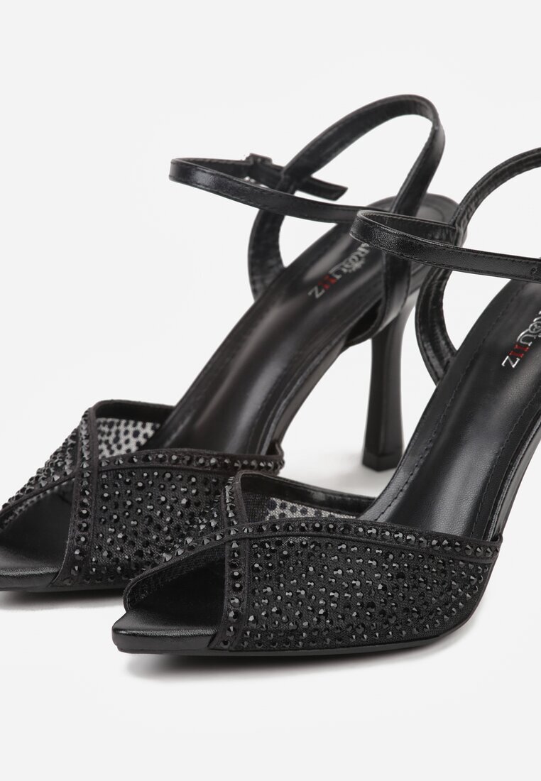 marquiiz Sandale Negre cu Toc Stiletto cu Zirconii Aurefera