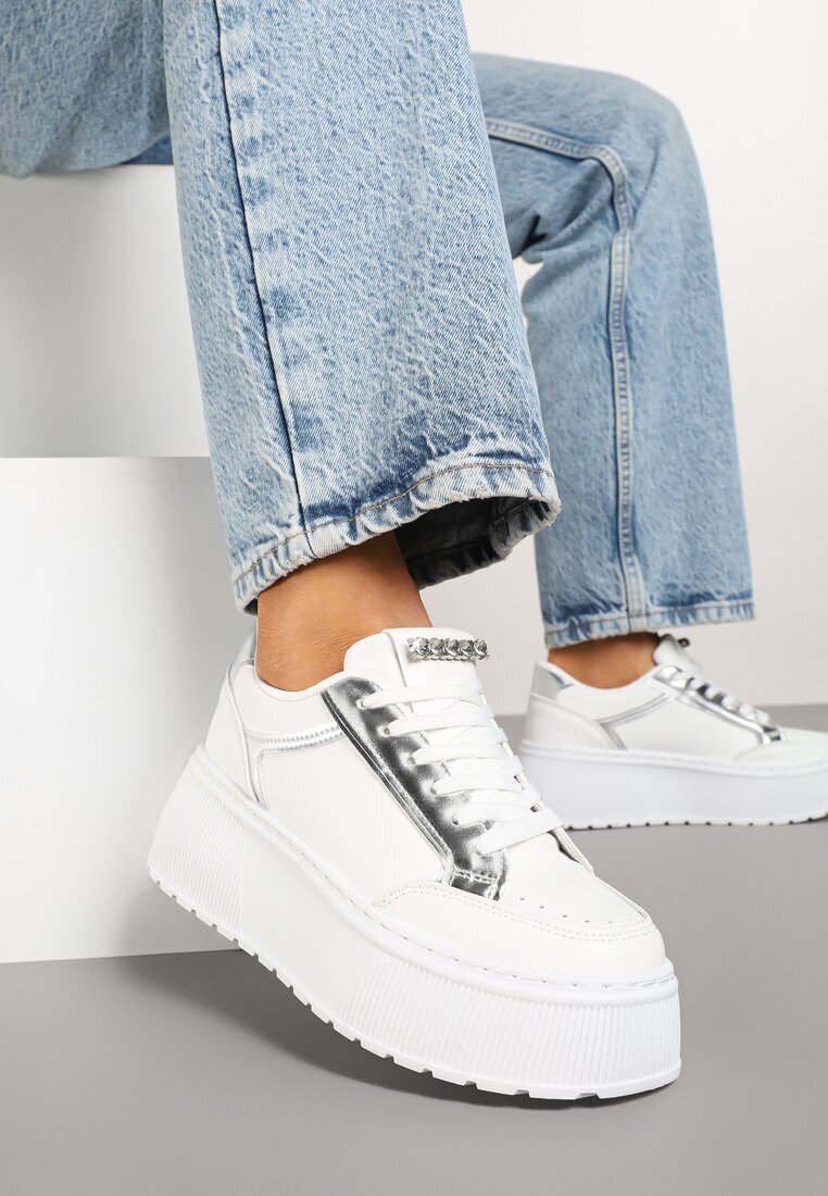 marquiiz Sneakers Albi cu Talpă Groasă cu Cusături Decorative Tataniel