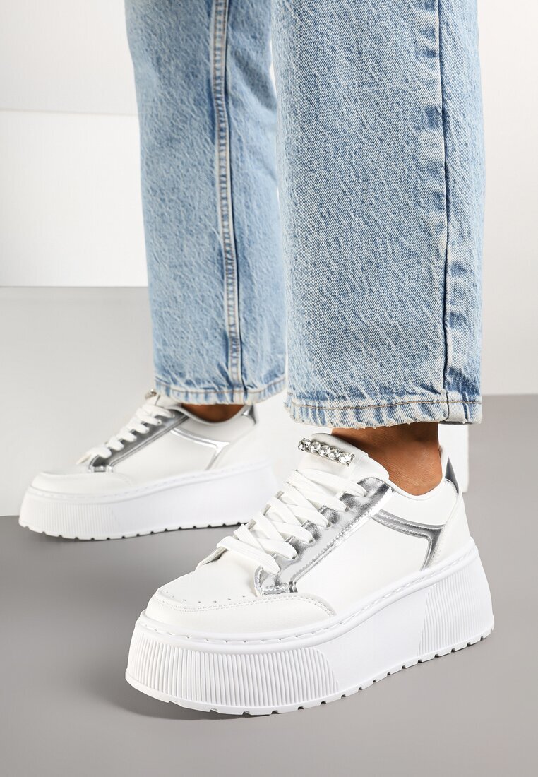 marquiiz Sneakers Albi cu Talpă Groasă cu Cusături Decorative Tataniel
