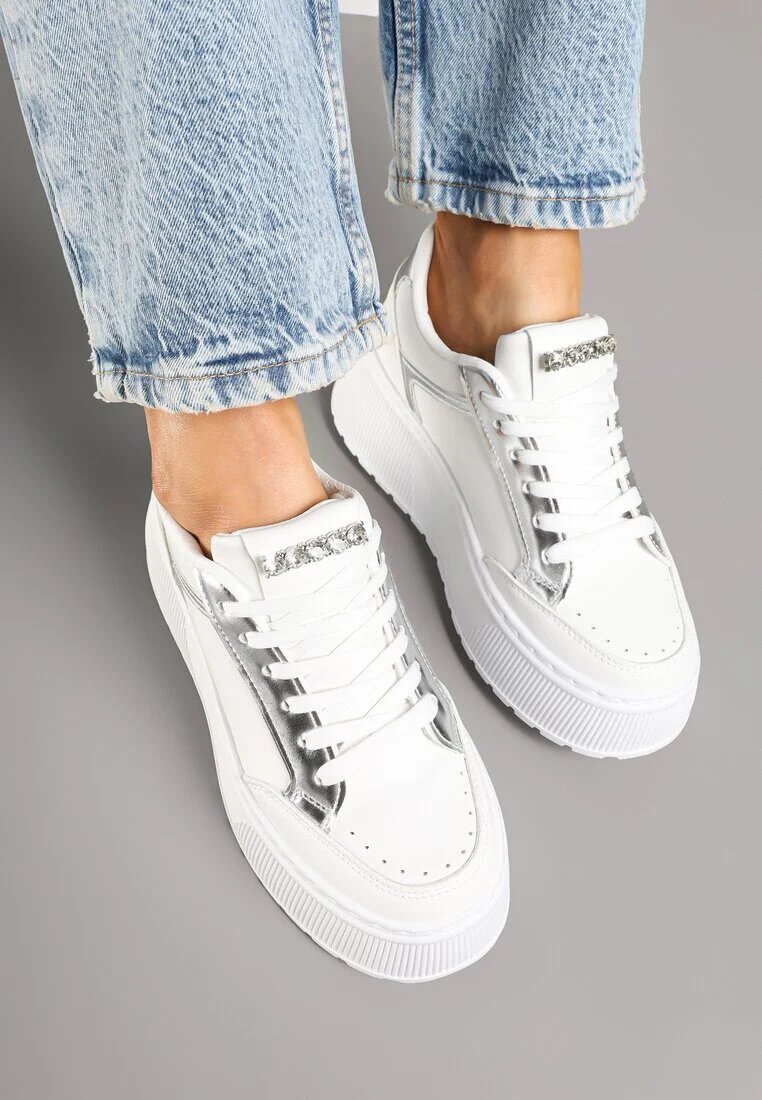 marquiiz Sneakers Albi cu Talpă Groasă cu Cusături Decorative Tataniel