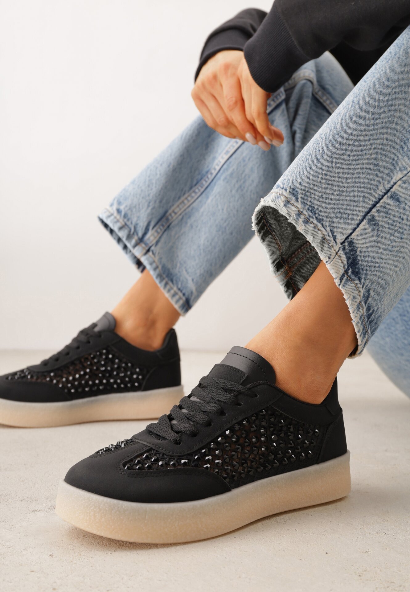 marquiiz Sneakers Negre pe Talpă Groasă Decorați cu Zirconii Orinrya