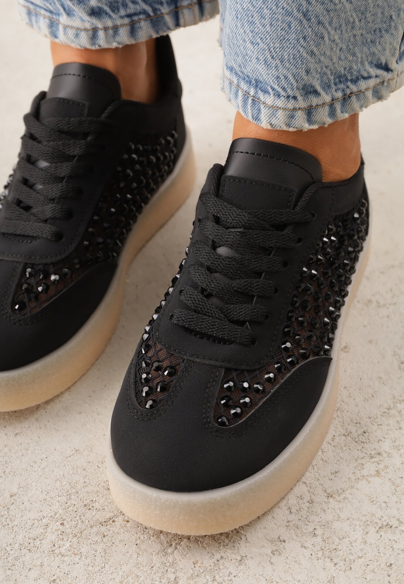 marquiiz Sneakers Negre pe Talpă Groasă Decorați cu Zirconii Orinrya