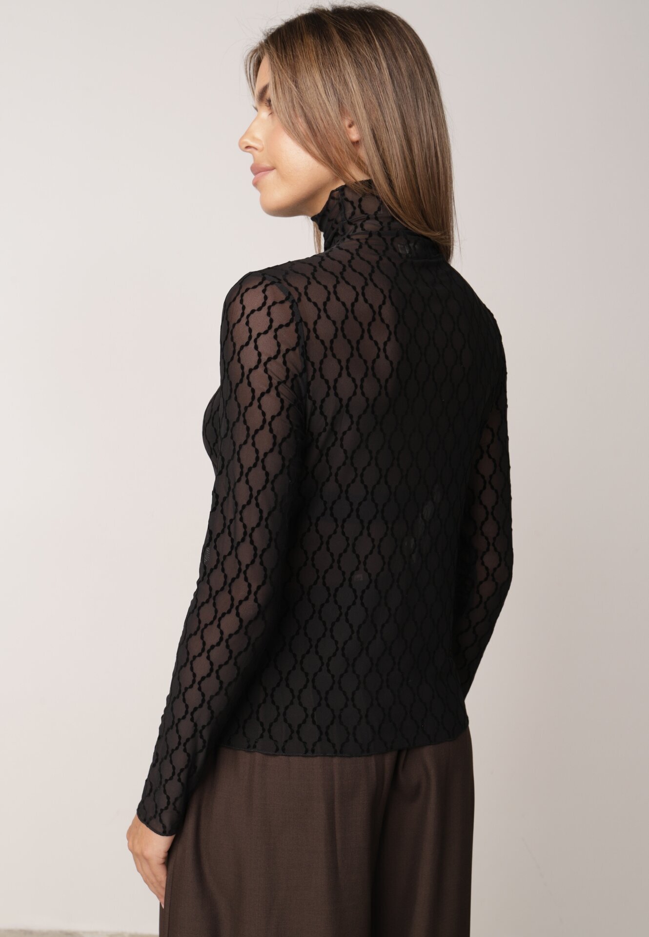 melya by melody Bluză din material transparent de dantelă cu model geometric Arabelle Neagră