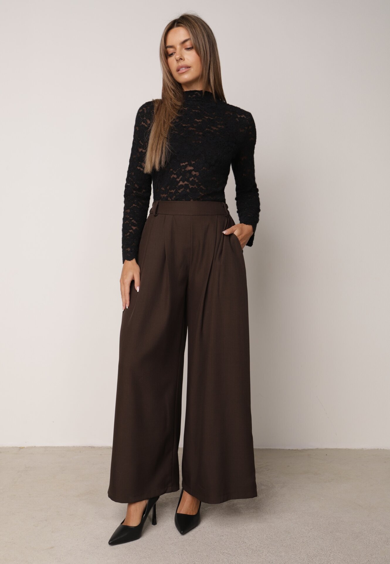 melya by melody Bluză elegantă din dantelă cu guler tip tunică Prenica Neagră