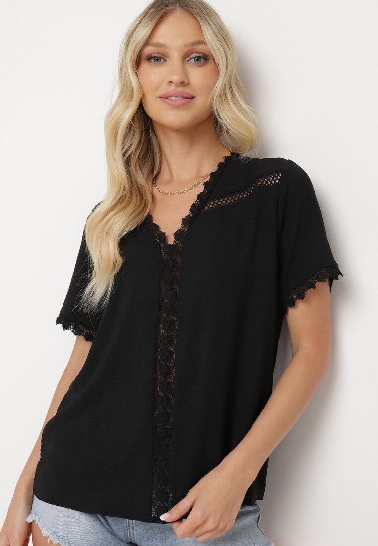 melya by melody Bluză Neagră cu Mânecă Scurtă cu Decolteu Triunghiular și Broderie Decorativă Frevia