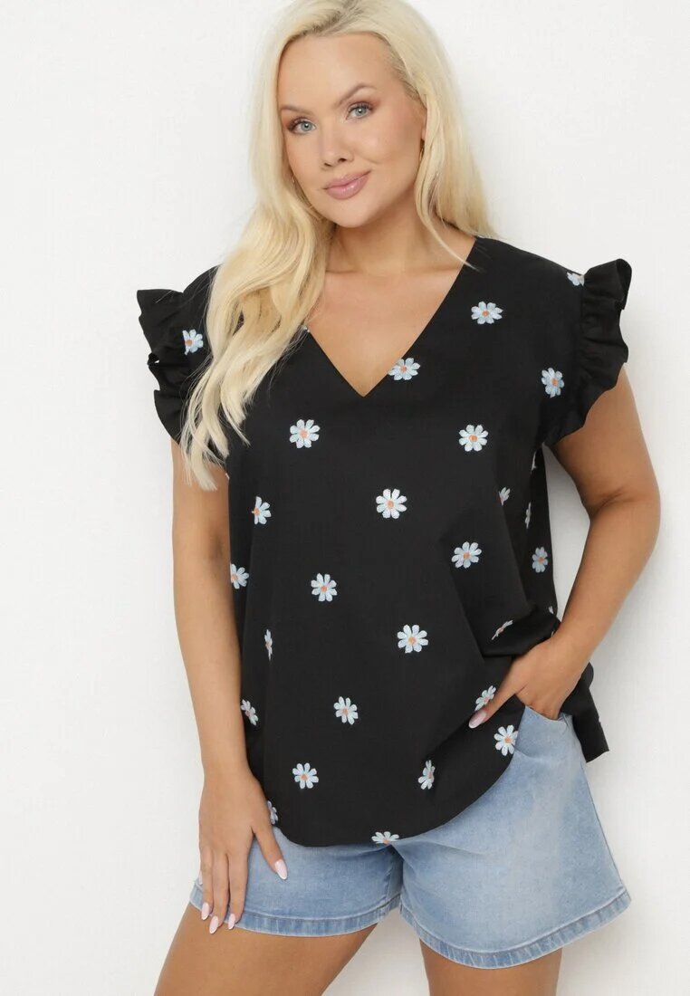 melya by melody Bluză Neagră din Viscoză cu Imprimeu Floral Tolamea