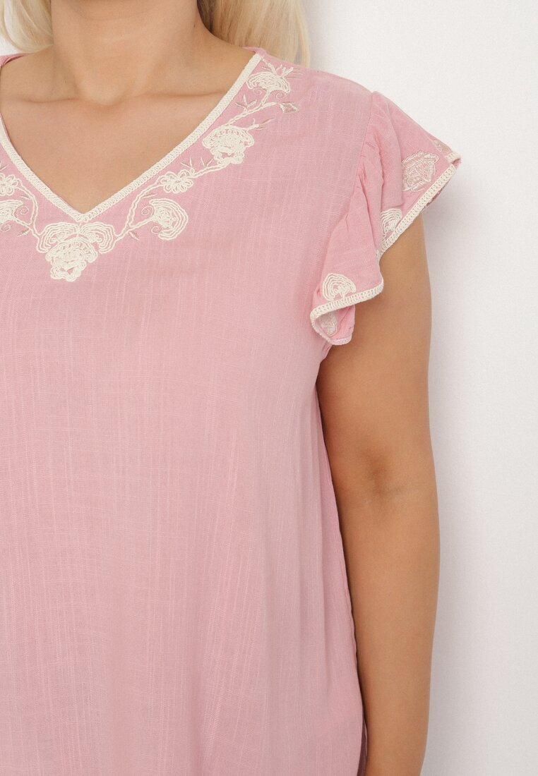 melya by melody Bluză Roz din Bumbac cu Broderie Decorativă și Volane Dolivra