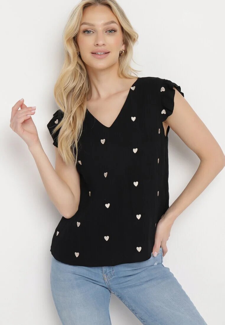 melya by melody Bluză Top Negru din Vâscoză fără Mâneci cu Volane cu Inimioare Brodate Taella