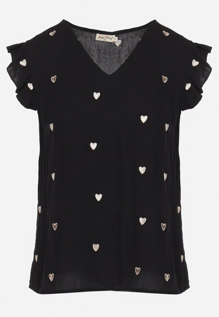 melya by melody Bluză Top Negru din Vâscoză fără Mâneci cu Volane cu Inimioare Brodate Taella