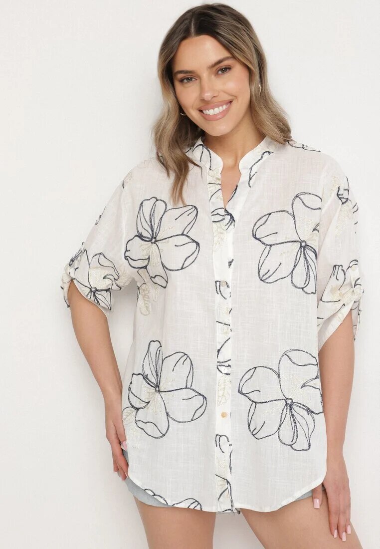 melya by melody Cămașă Alb-Bleu-marin Oversize cu mâneci reglabile și broderie Folirella