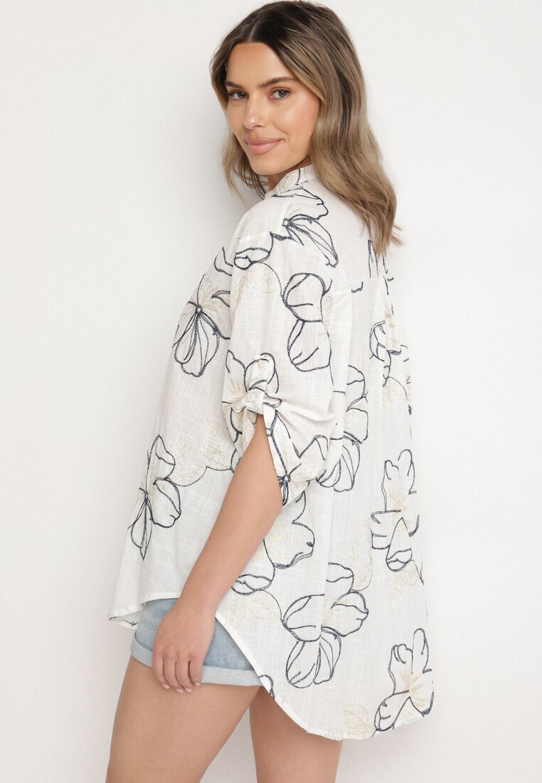 melya by melody Cămașă Alb-Bleu-marin Oversize cu mâneci reglabile și broderie Folirella