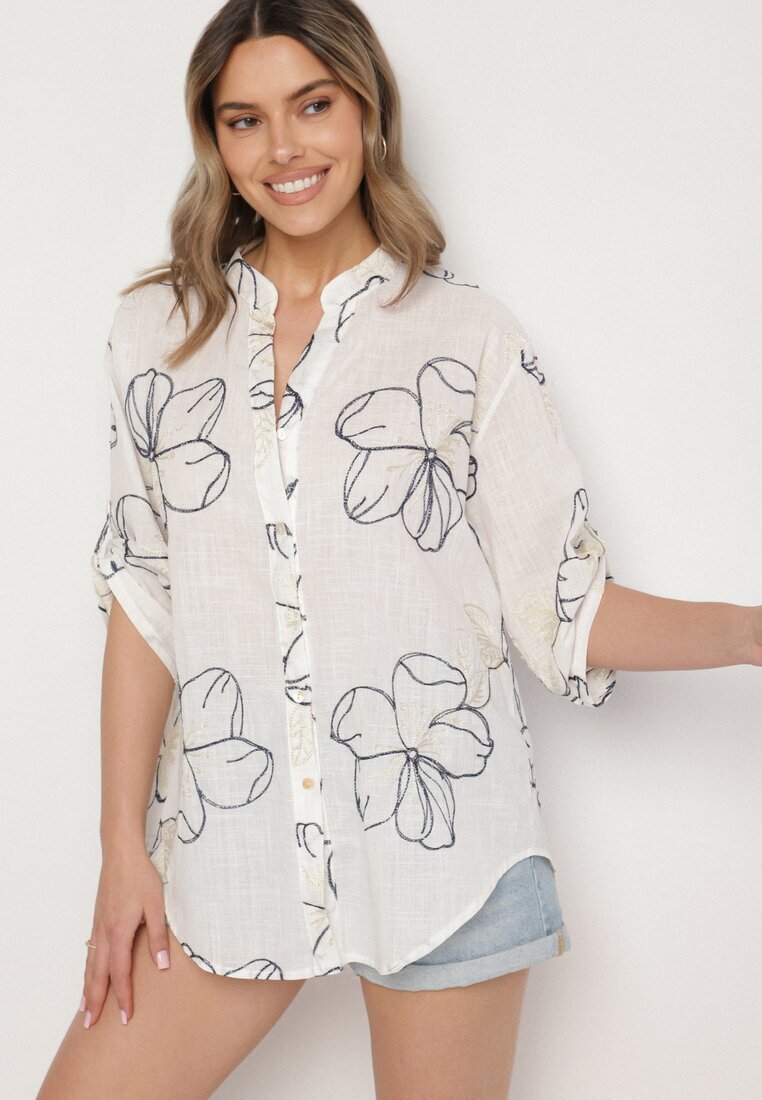 melya by melody Cămașă Alb-Bleu-marin Oversize cu mâneci reglabile și broderie Folirella