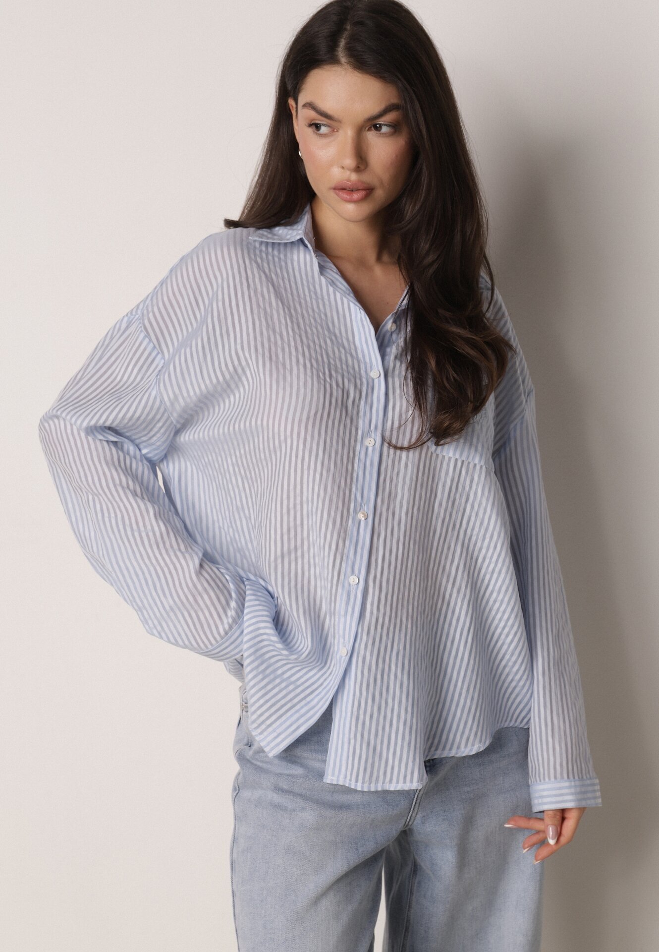 melya by melody Cămașă Albastră oversize din Tencel în dungi decorată cu broderie Tidine