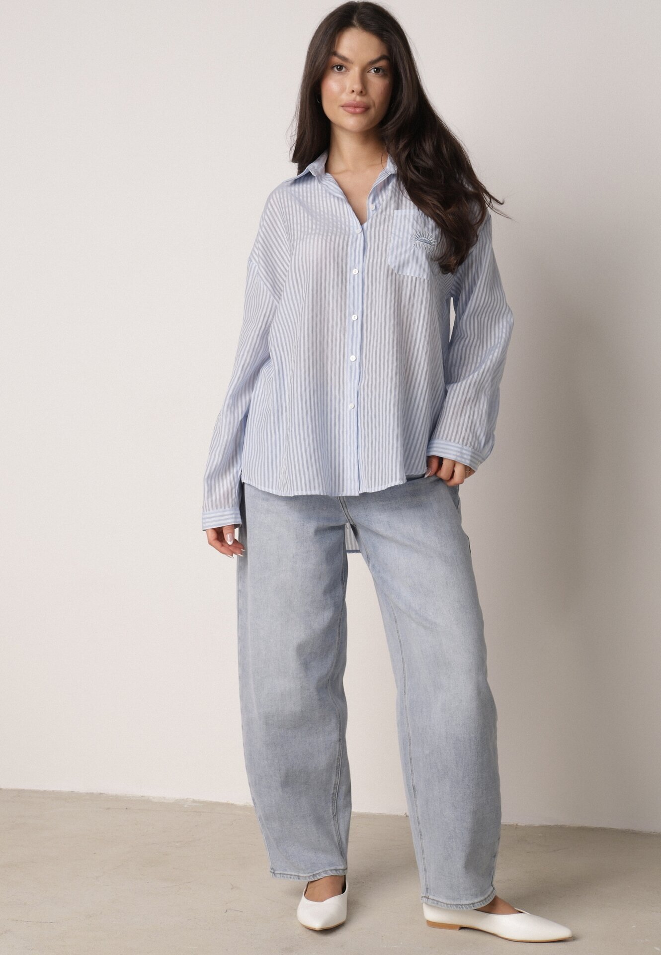 melya by melody Cămașă Albastră oversize din Tencel în dungi decorată cu broderie Tidine