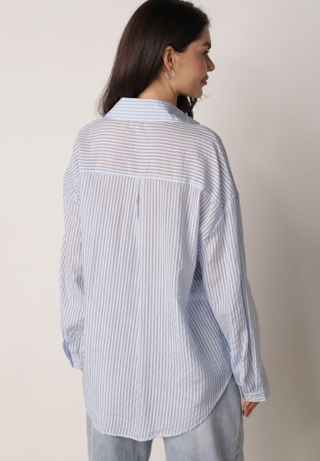 melya by melody Cămașă Albastră oversize din Tencel în dungi decorată cu broderie Tidine