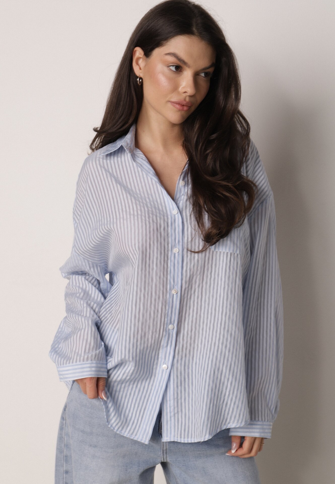 melya by melody Cămașă Albastră oversize din Tencel în dungi decorată cu broderie Tidine