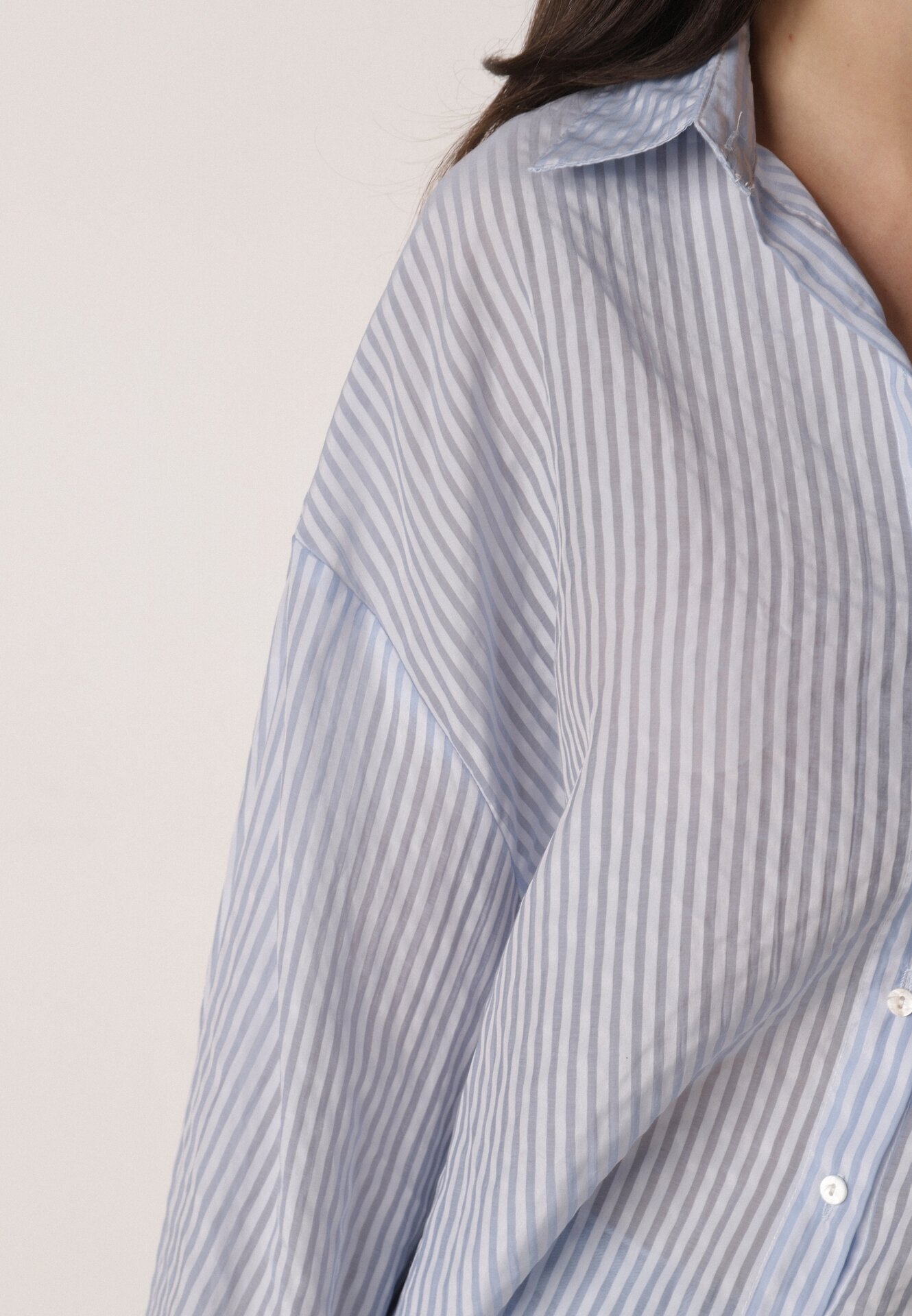 melya by melody Cămașă Albastră oversize din Tencel în dungi decorată cu broderie Tidine