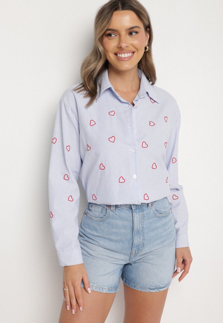 melya by melody Cămașă Albastră-Roșie cu croi oversize în dungi decorată cu broderie cu inimi Nitariena
