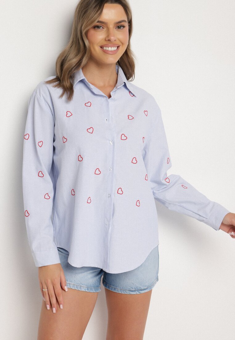 melya by melody Cămașă Albastră-Roșie cu croi oversize în dungi decorată cu broderie cu inimi Nitariena