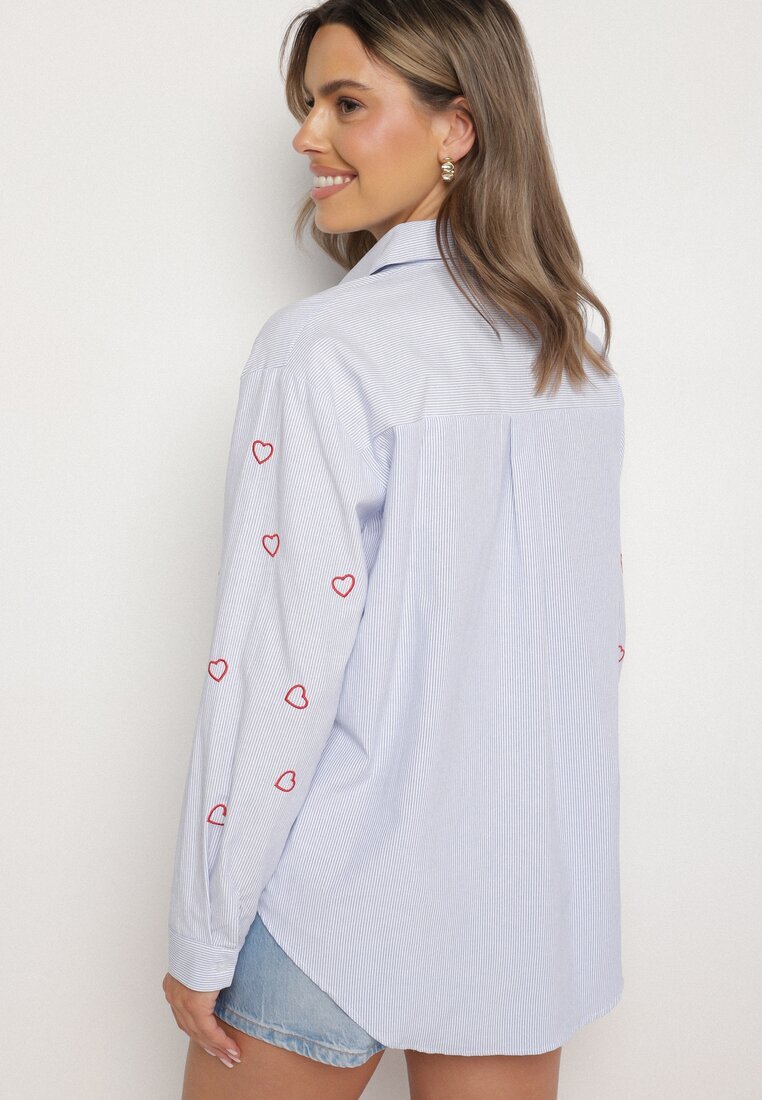 melya by melody Cămașă Albastră-Roșie cu croi oversize în dungi decorată cu broderie cu inimi Nitariena