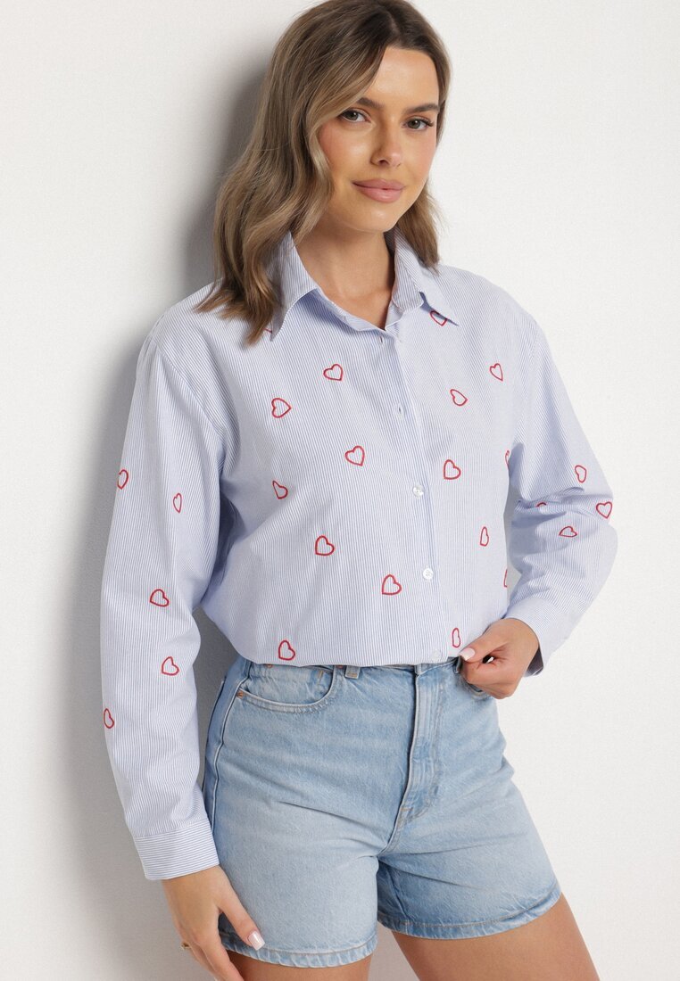 melya by melody Cămașă Albastră-Roșie cu croi oversize în dungi decorată cu broderie cu inimi Nitariena
