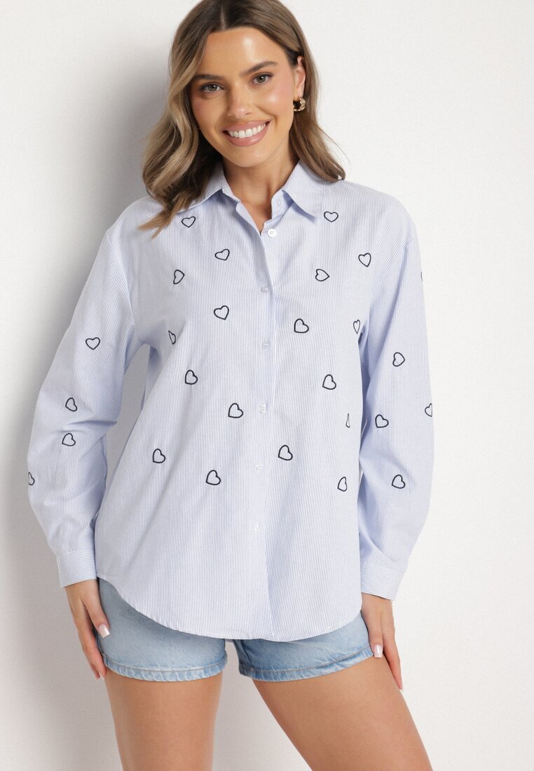 melya by melody Cămașă Albastru-bleumarin oversized în dungi decorată cu broderie inimi Nitariena