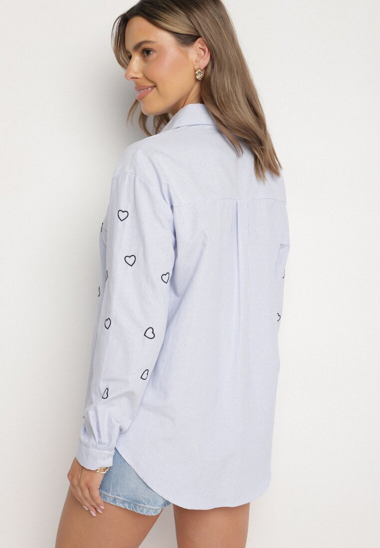melya by melody Cămașă Albastru-bleumarin oversized în dungi decorată cu broderie inimi Nitariena